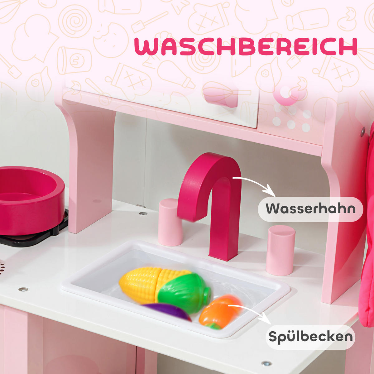 KINDERKÜCHE Spielküche mit Backofen, Herd, Spüle, Soundfunktion, Rosa - Rosa, Holzwerkstoff (24/55cm) - AIYAPLAY