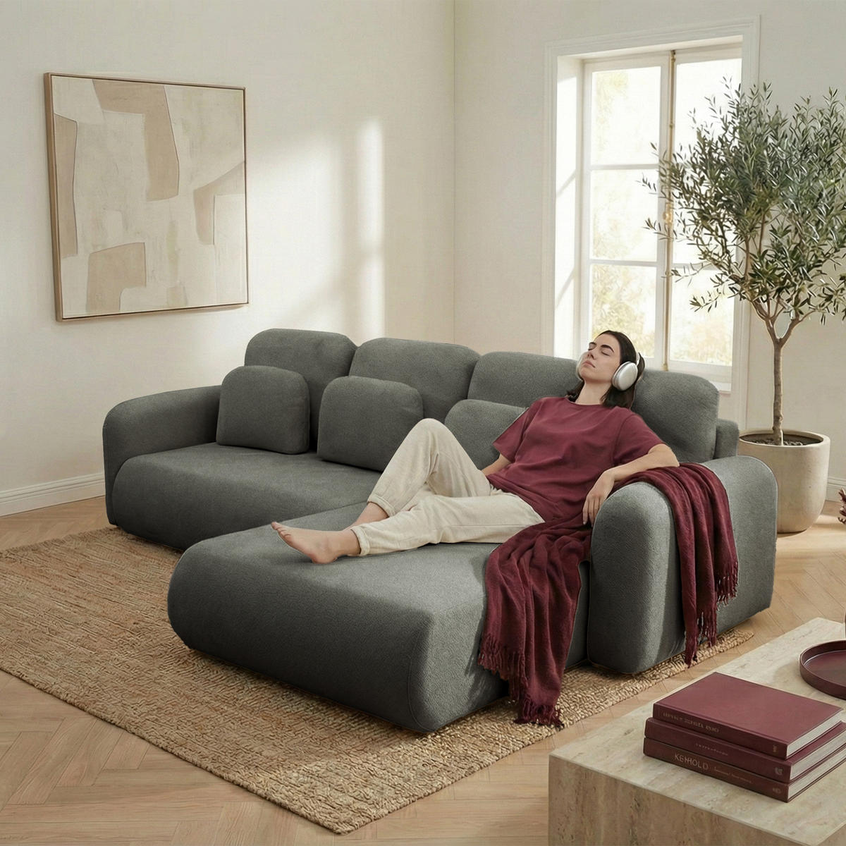 ECKSOFA NEST Universal mit Liegeflache 157x240 cm - Dunkelgrau, Textil (280/187cm) - Muffo