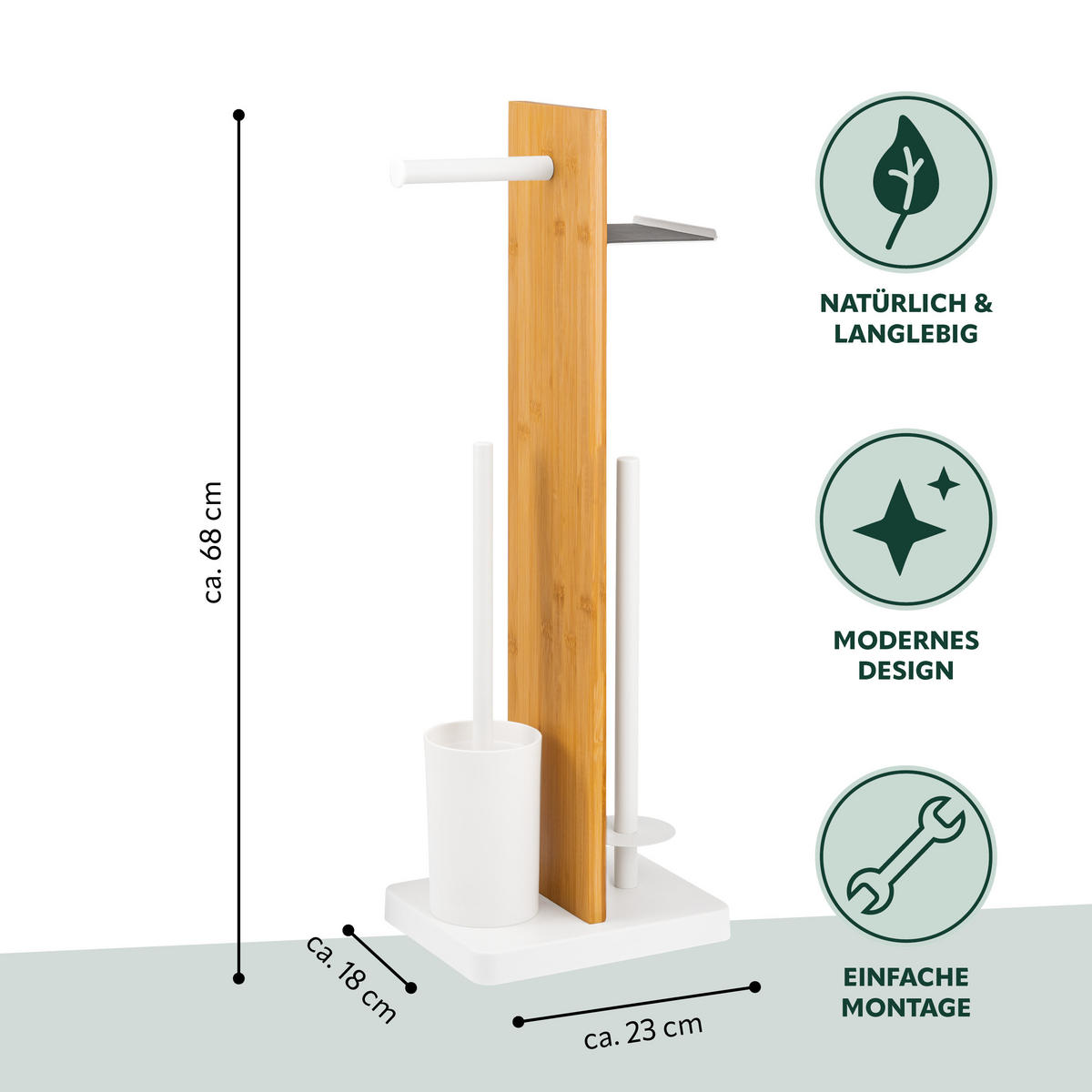 STAND-WC-GARNITUR 4in1, Bambus/Metall weiß - Weiß, Holz (23/68/18cm) - eluno
