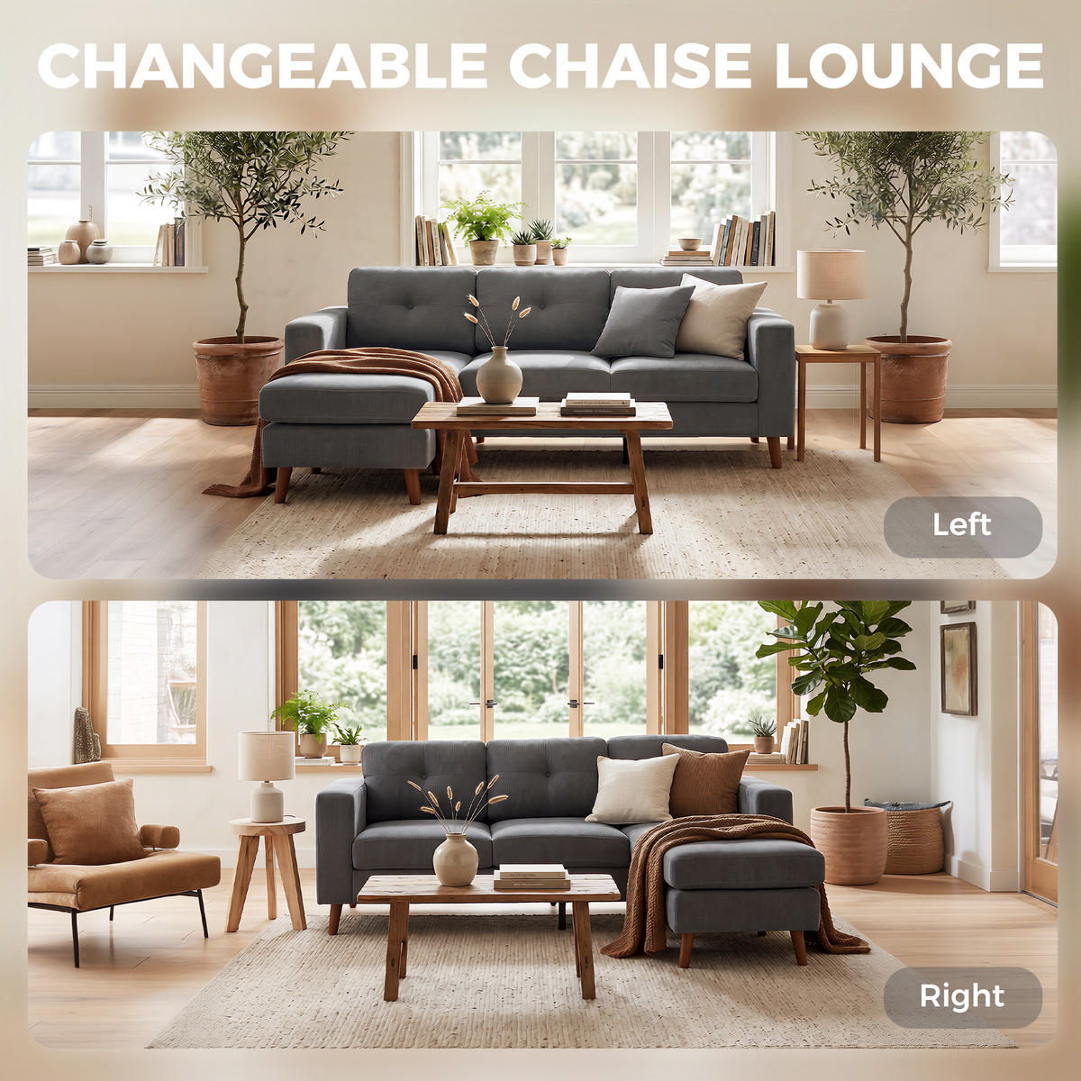 ECKSOFA DE-06613 3-Sitzer Sofa mit umkehrbarer Chaiselongue, Dunkelgrau - Dunkelgrau, Holz/Textil (137/192cm) - ComfortXL