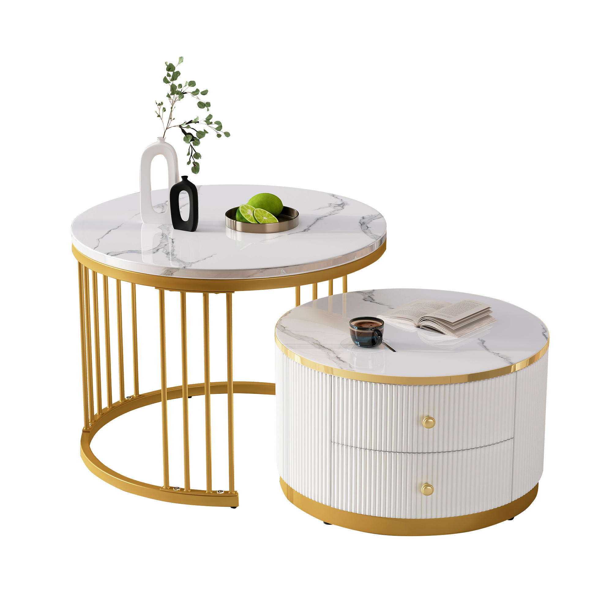 COUCHTISCH-SET 2-teilig, rund, MDF, Marmoroptik, 2 Schubladen, 60/60/45,5 + 50/50/32 cm, Weiß - Weiß, Holzwerkstoff (60/60/45.5cm) - Redom