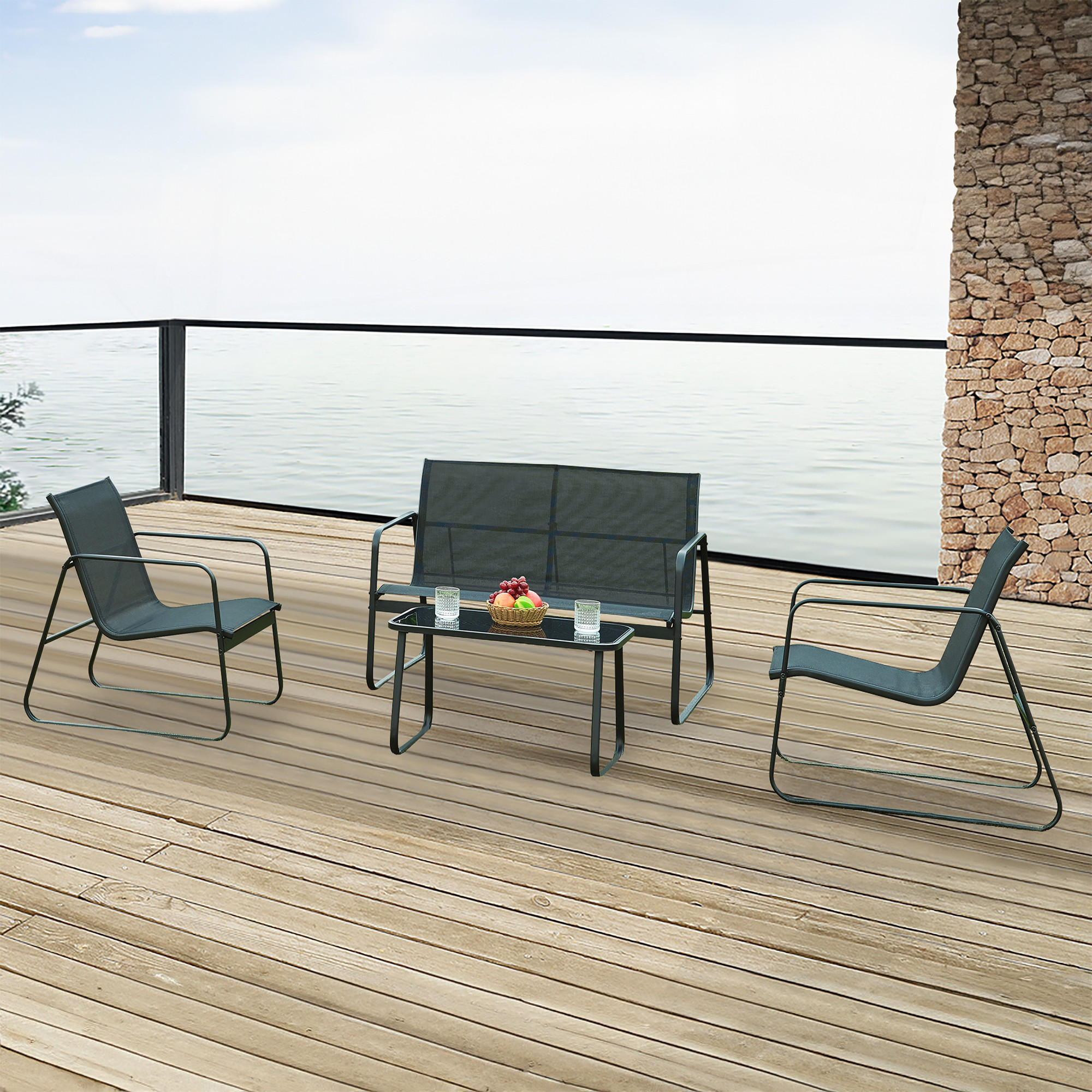 GARTENMÖBEL-SET 4 TLG. Anzi - Schwarz, Glas/Textil - casa.pro