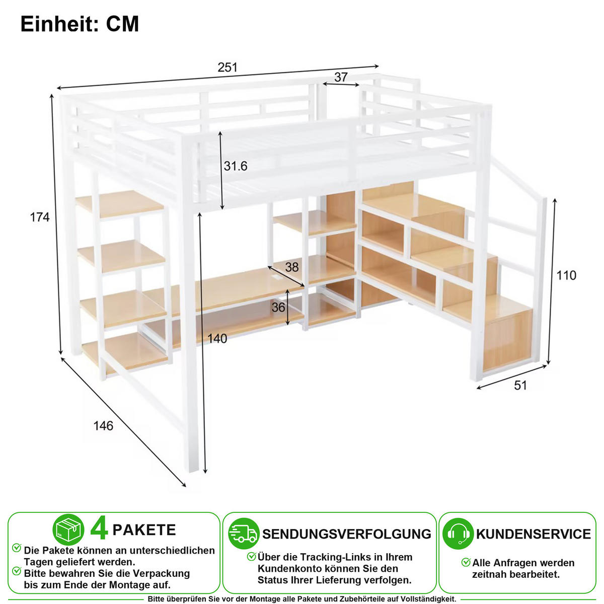 VYVÝŠENÁ POSTEL 140/200 cm v bílé barvě s TV stojanem, zásuvkou a úložným žebříkem - bílá, kov/kompozitní dřevo (140/200cm) - CHICFURN