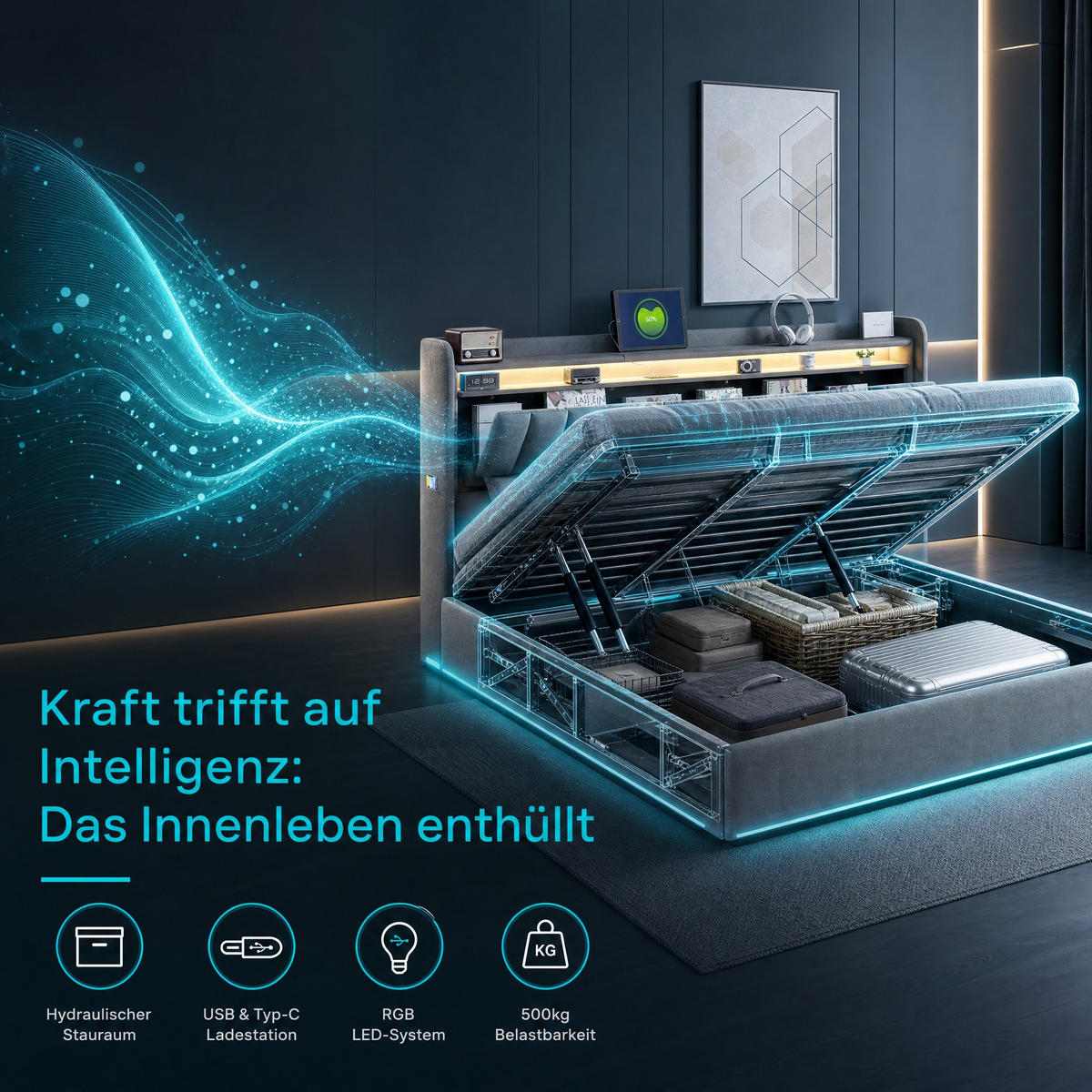 POLSTERBETT 160/200 cm grau mit Stauraum, LED und USB - Grau, Holz - SHOPENTRA