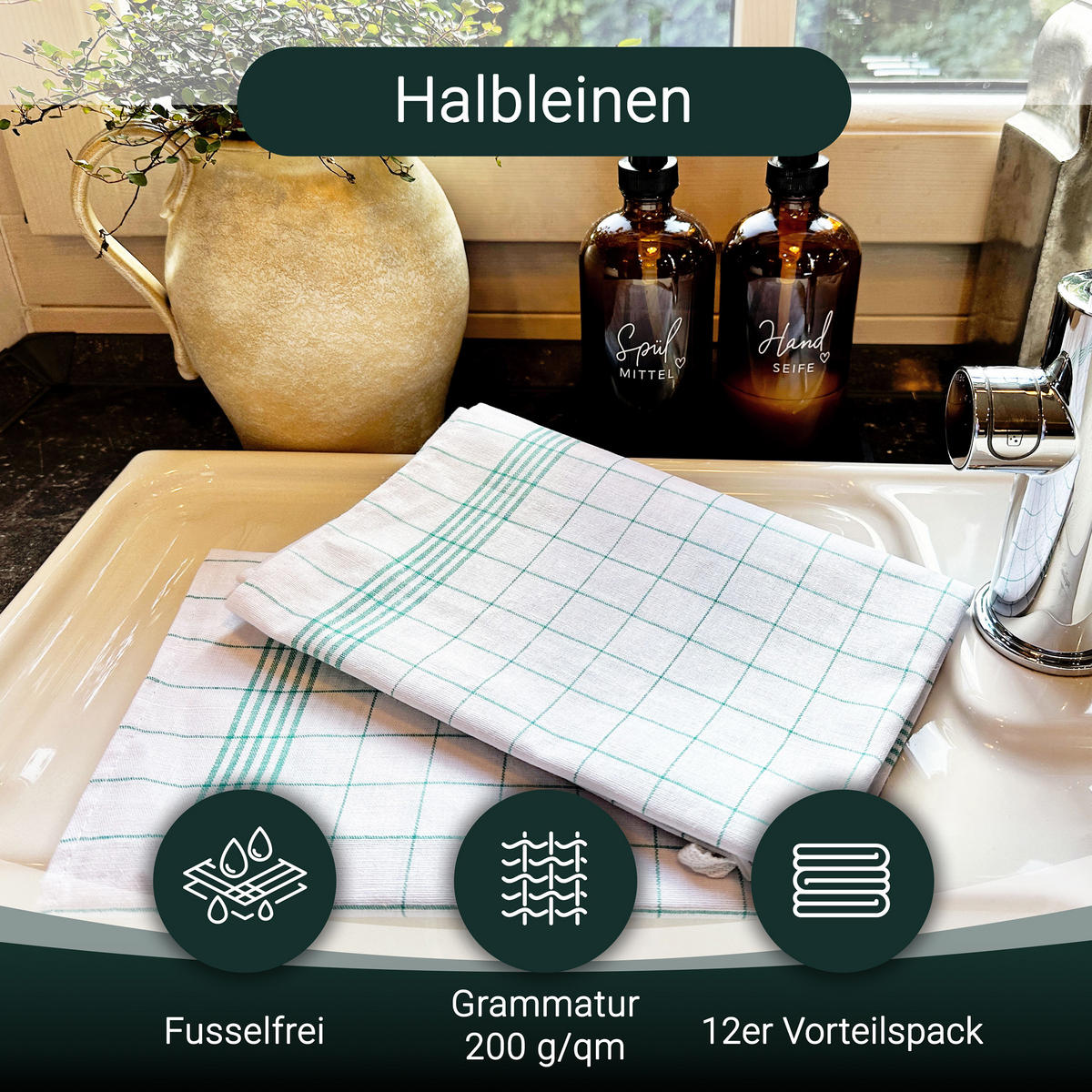 GESCHIRRTÜCHER, 12er-Set, 50x70 cm, 50% Baumwolle, 50% Leinen, Grün - Grün, Textil (50/70cm) - Zollner