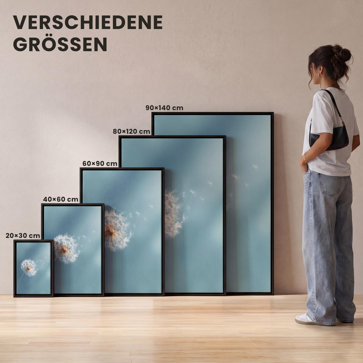LEINWAND Bilder mit Rahmen - Löwenzahn - Wind - Blau - 100x150 - Blaugrau, Textil (100/150cm) - MuchoWow