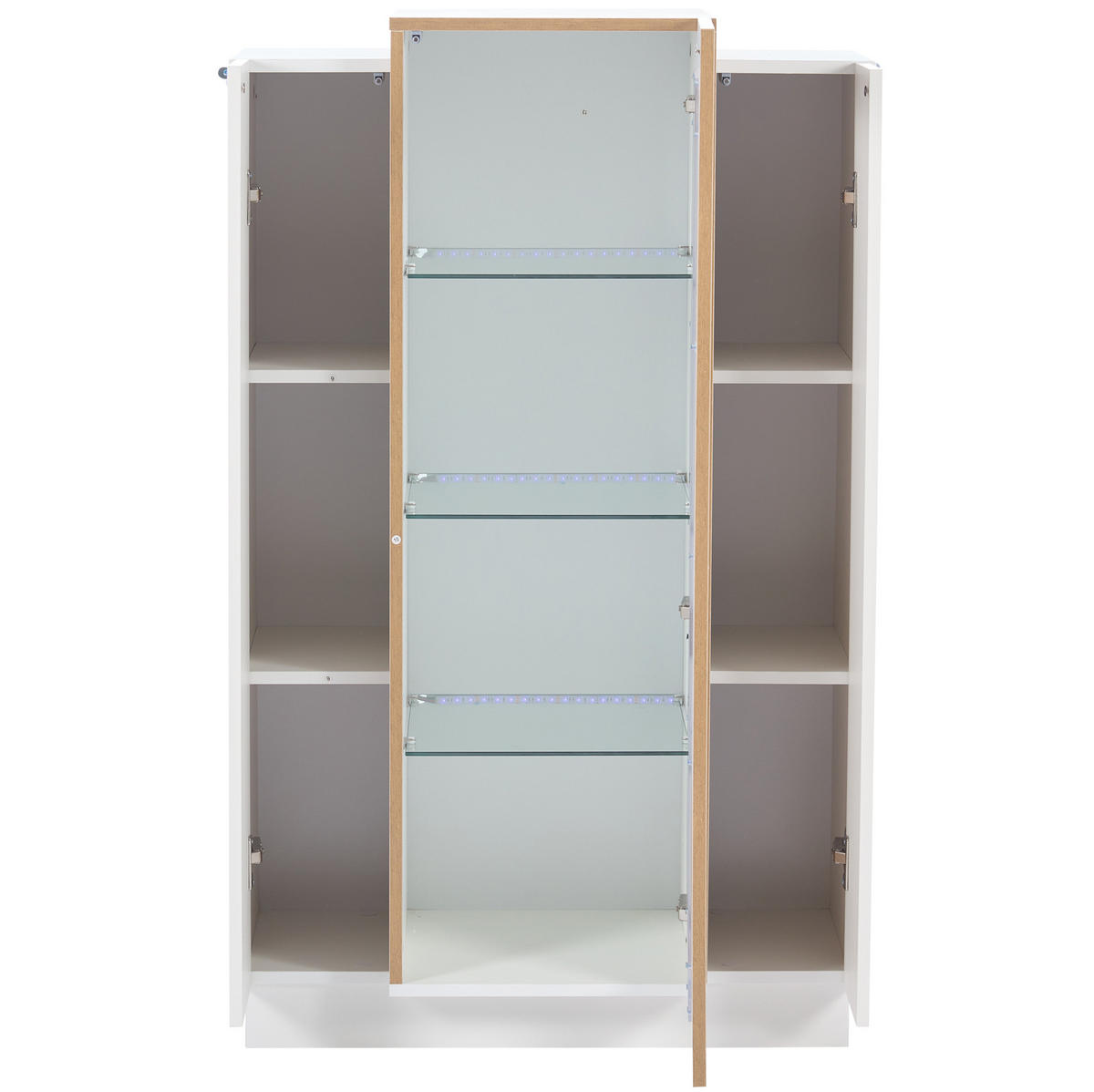 WOHNZIMMERVITRINE aus Spanplatte 74x40x120 cm Weiß/Natur mit LED-Beleuchtung, 3 Türen und Acrylfront - Weiß, Holzwerkstoff (74/120/40cm) - Modfu
