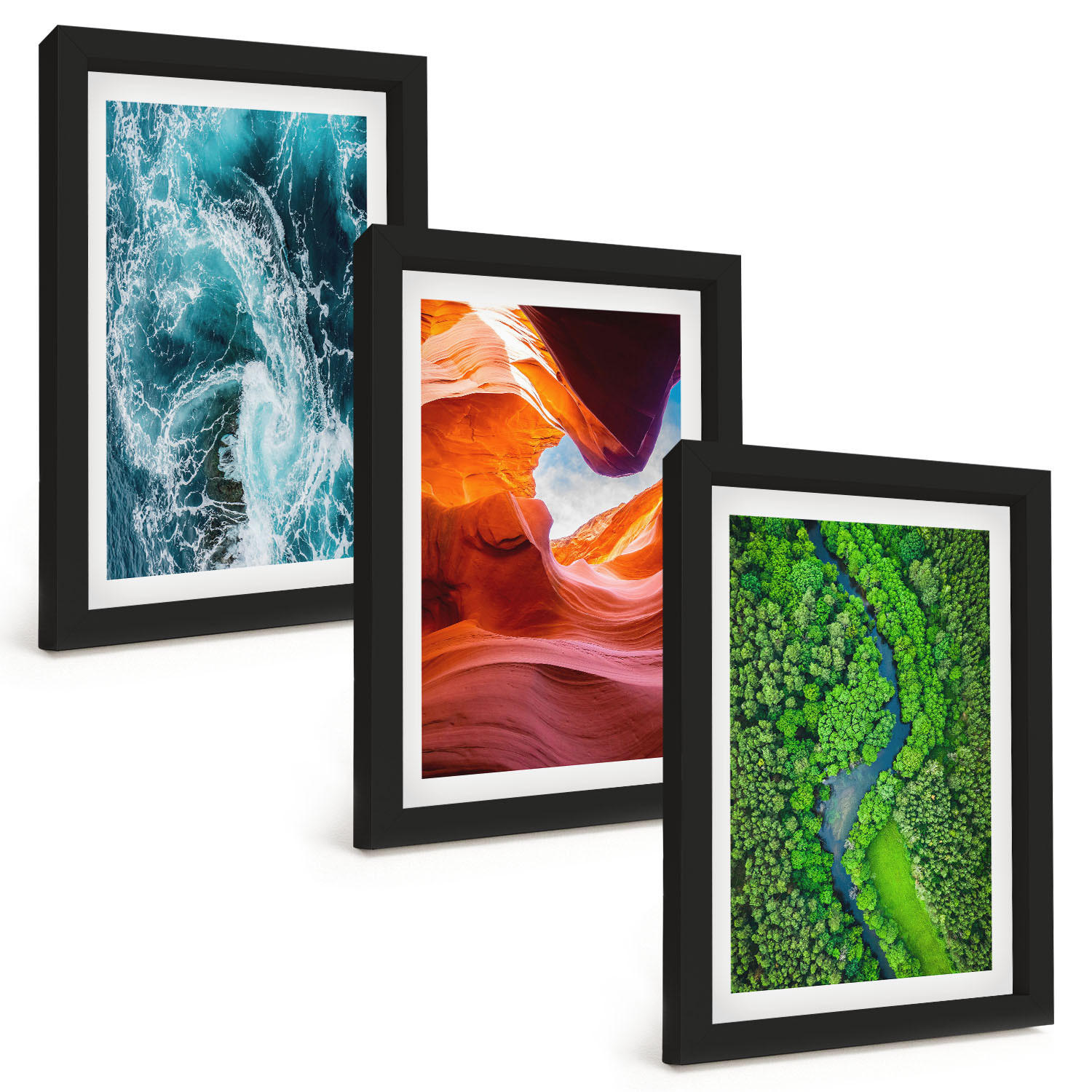 BILDER SET 3er Set - 20x30 cm Schwarzer Rahmen - Wasserbewegung Canyon grüner Wald - Schwarz, Kunststoff (20/30cm) - TULUP