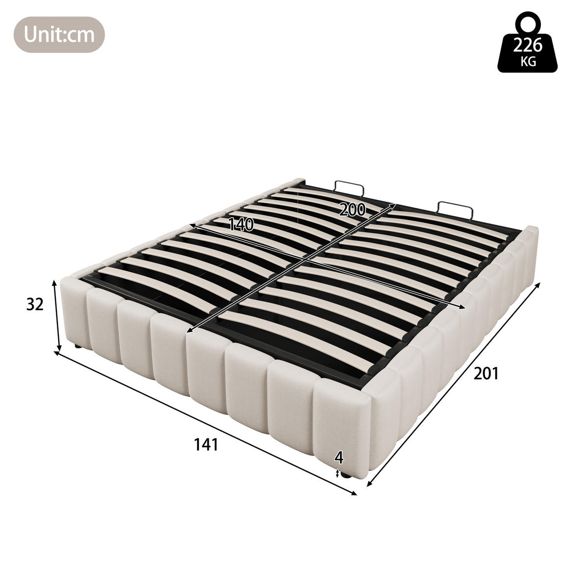 POLSTERBETT mit hydraulischem Stauraum 140x200 cm Leinen Beige - Beige, Metall (140/200cm) - Meubliv