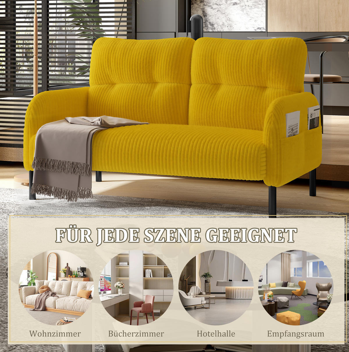 SOFA 2-Sitzer Cord 120 x 75 x 79 cm Gelb - Gelb, Holzwerkstoff (120/79/75cm) - Meubliv
