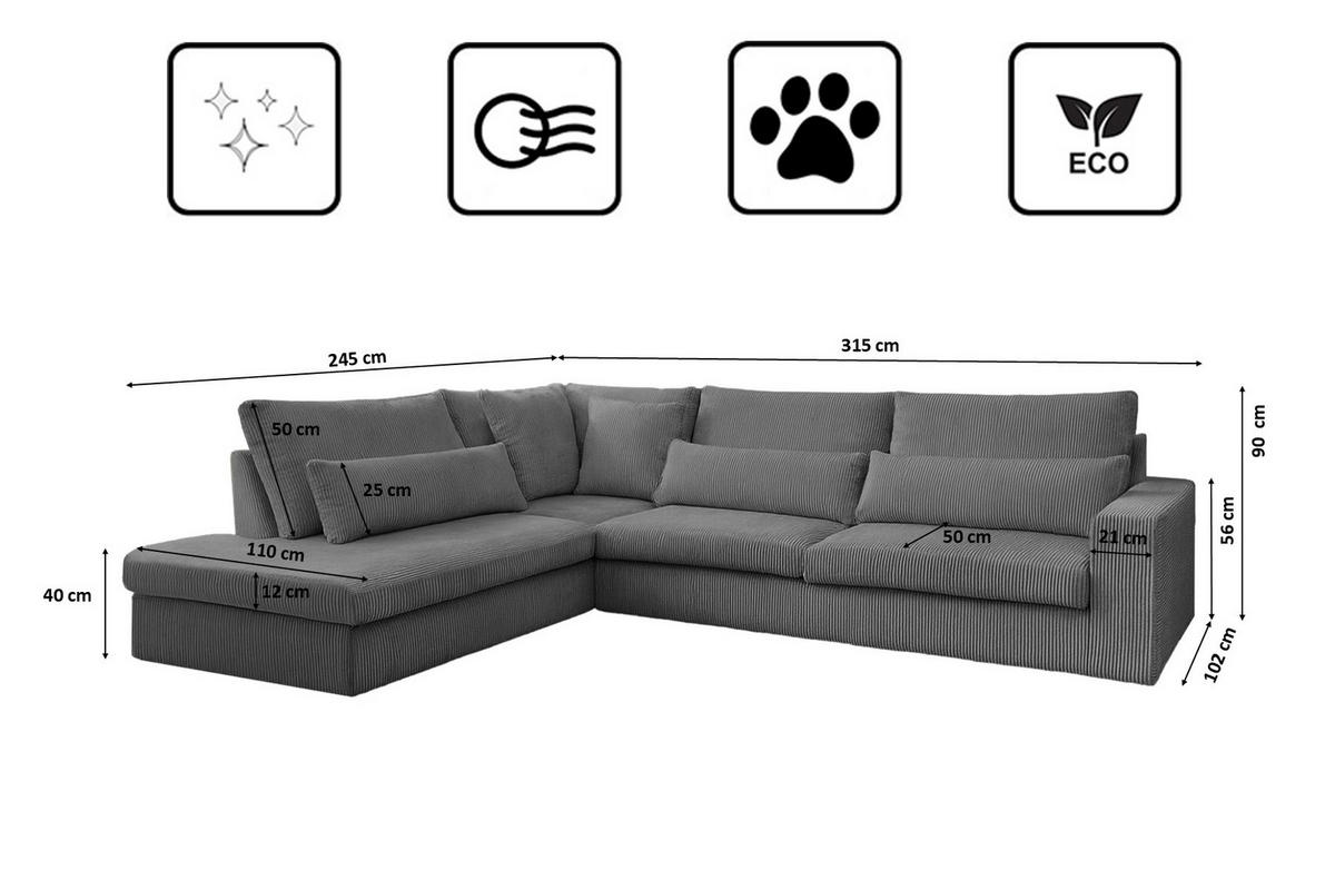 ECKSOFA L-Form SVEN Stoff Poso Taubengrau Links - Grau, Textil (315/245cm) - Kaiser Möbel