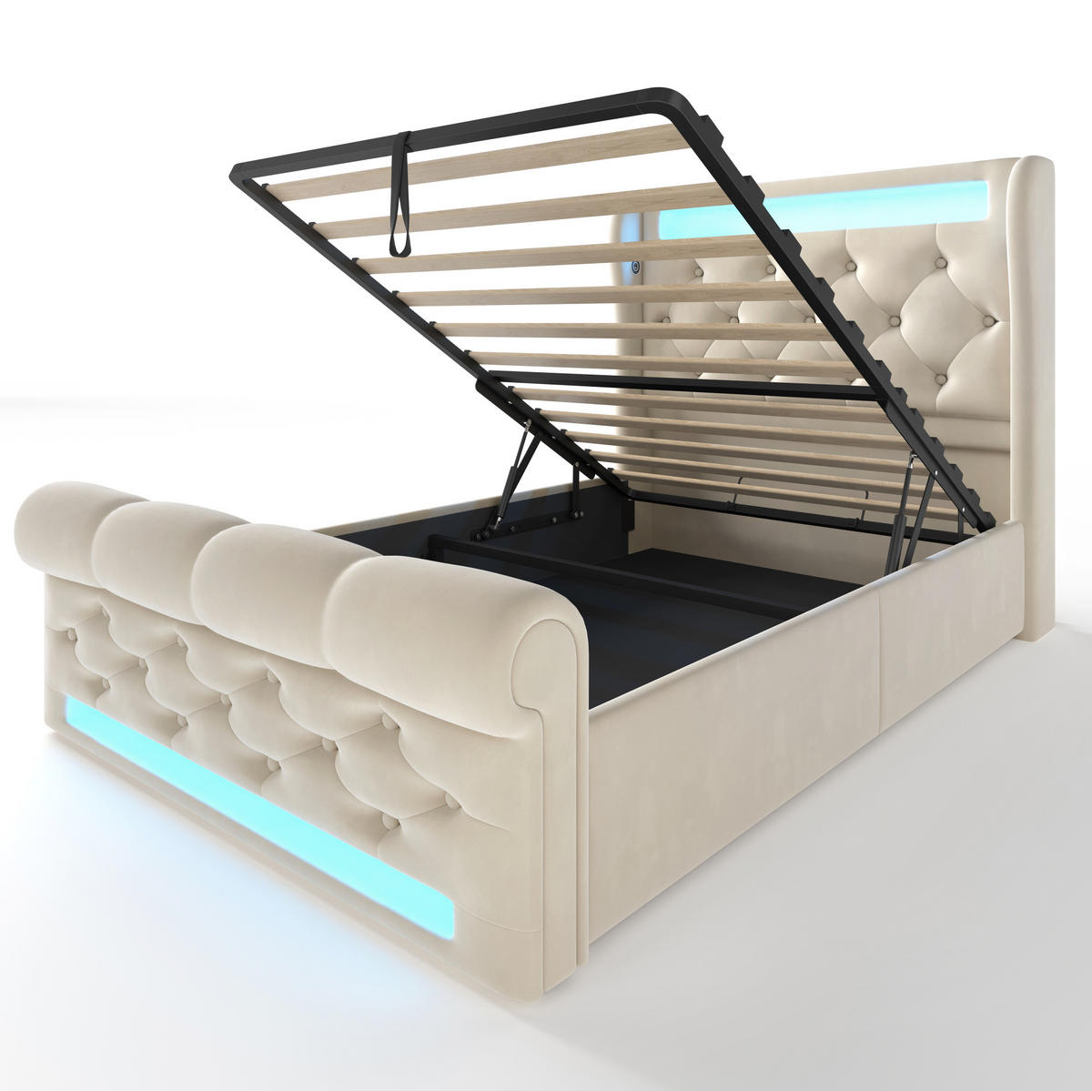 POLSTERBETT 90/200 cm in Beige mit LED-Beleuchtung und USB- und Type-C-Anschlüssen - Beige, Textil (90/200cm) - Flora Grace