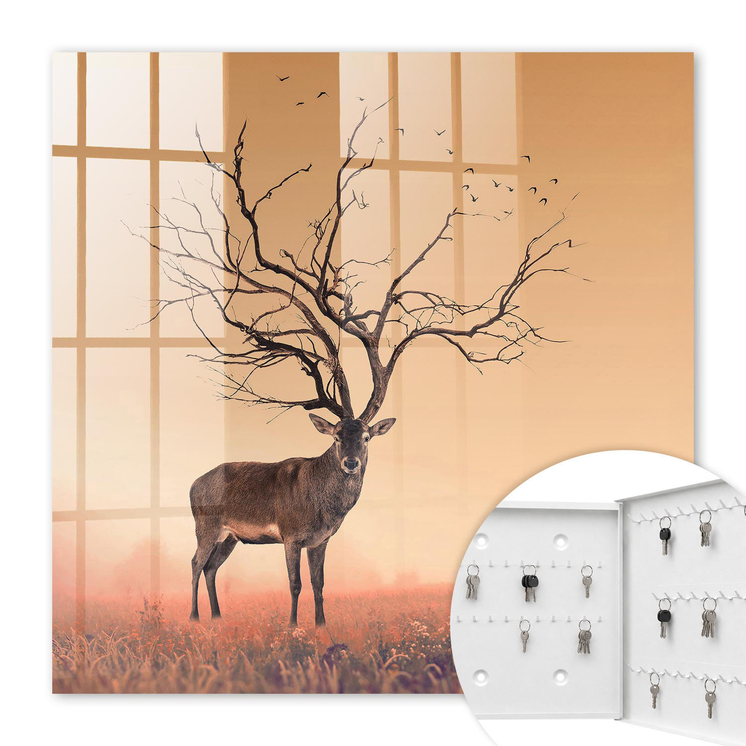 SCHLÜSSELBOX Weiß 30x30 cm – Türöffnung nach rechts - Magischer Hirsch - Orange, Metall (30/30/5cm) - TULUP