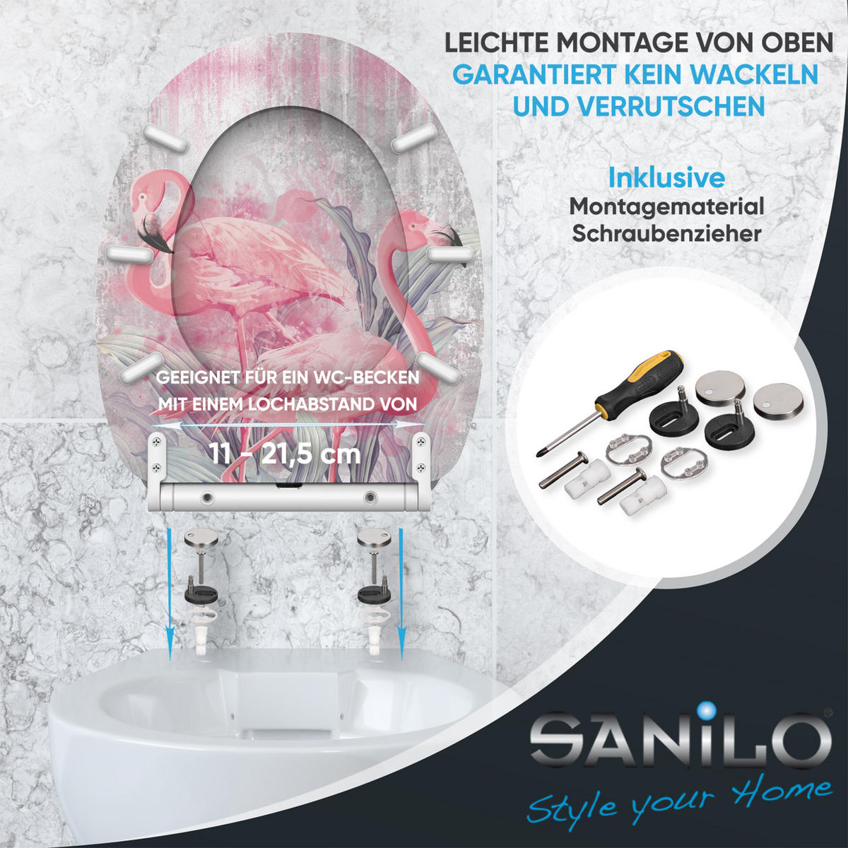 WC-SITZ mit Absenkautomatik & Top Fix Flamingo 2 - Pink, Holzwerkstoff (37.7/5.5/48cm) - Sanilo