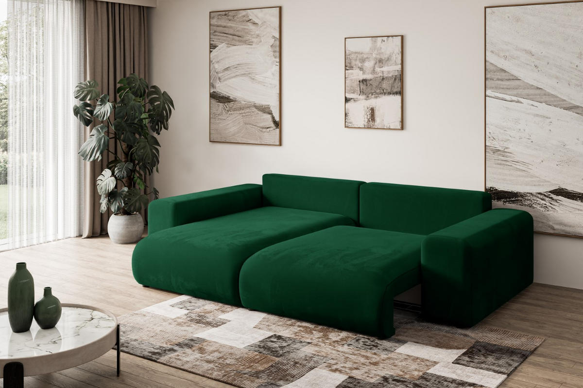 ECKSOFA mit Schlaffunktion und Bettkasten ESKAR-L 256x165x84cm Grün Velours - Schwarz/Grün, Holzwerkstoff/Kunststoff (165/256cm) - ALTDECOR