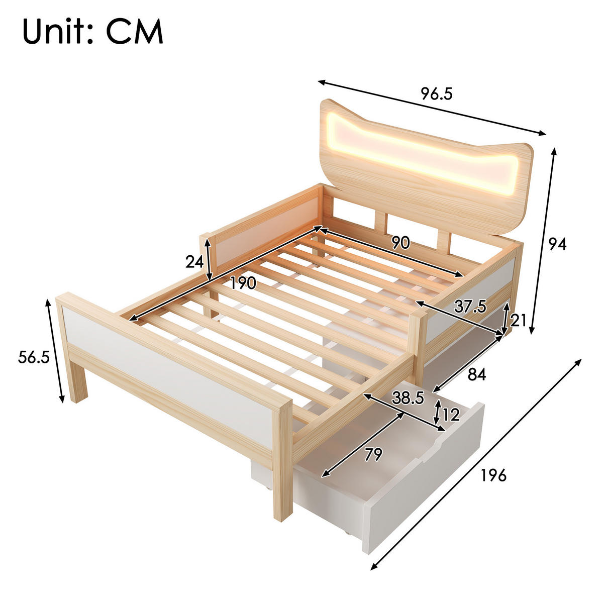 KINDERBETT 90/190 cm weiß/eiche aus Holz mit LED und Schublade - Eichefarben, Holzwerkstoff (90/190cm) - OKWISH
