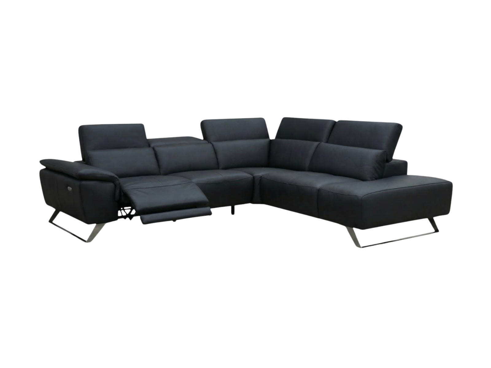 ECKSOFA Predator Echtleder mit 1 x Relaxfunktion Schwarz - Schwarz, Leder/Metall (270/230cm)