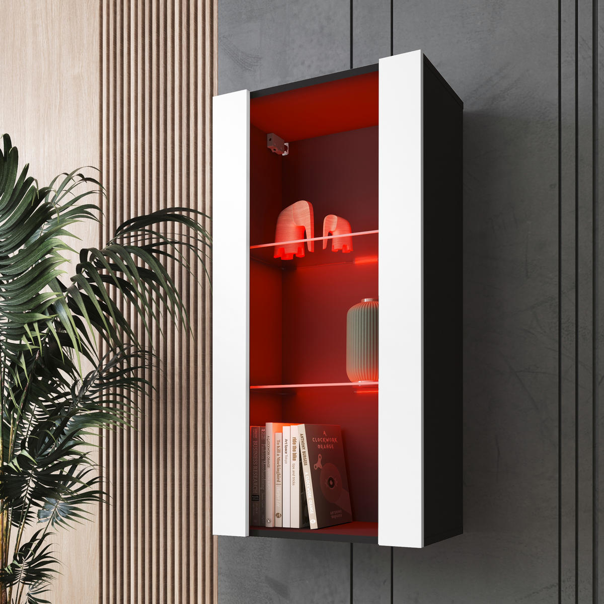 HÄNGEVITRINE TIVOLI Vertical 100, Weiss, LED Mehrfarbige - Schwarz/Weiß, Glas/Holzwerkstoff (50/100/29.5cm) - Komodee
