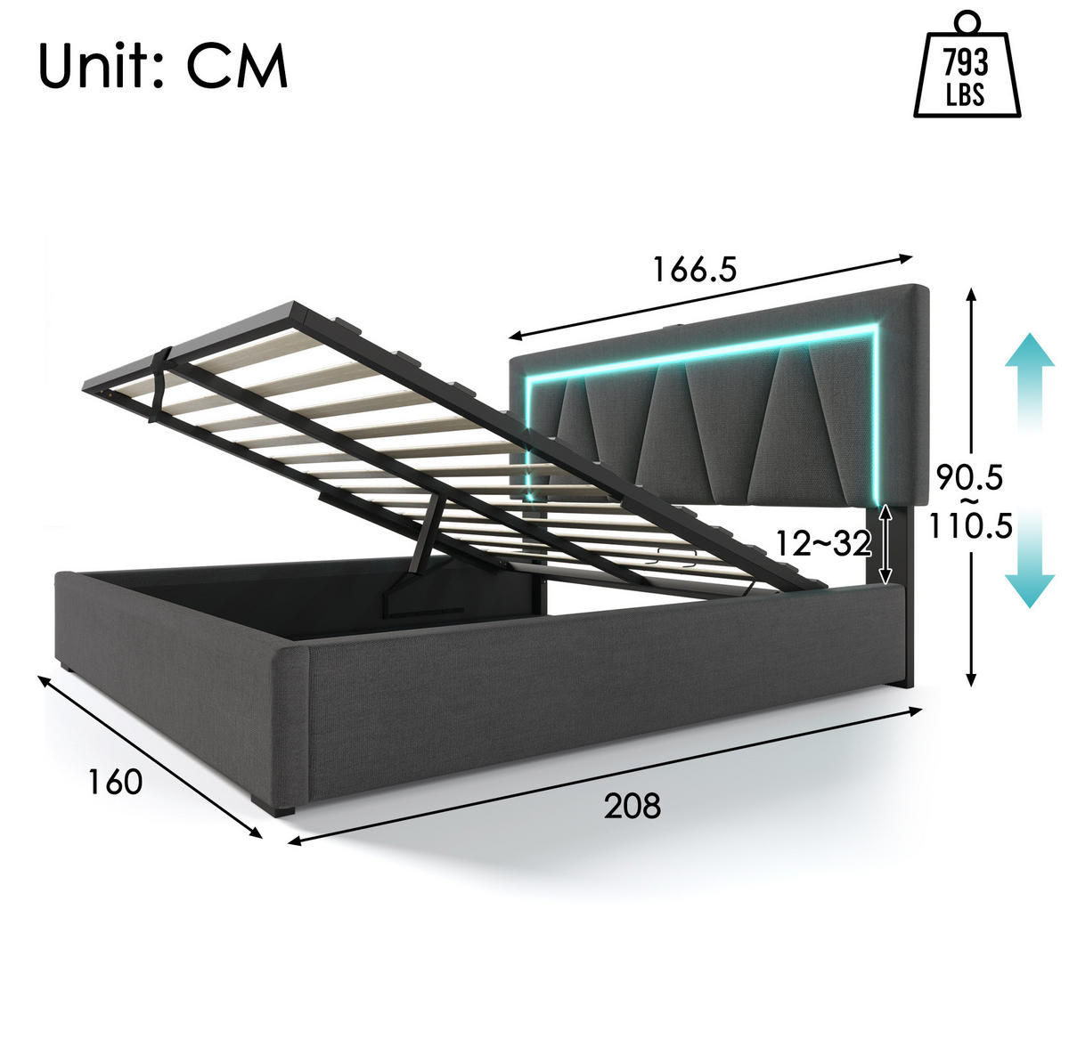 POLSTERBETT 160/200 cm Grau aus Leinen mit Stauraum und LED - Grau, Textil (160/200cm) - OKMYHOME