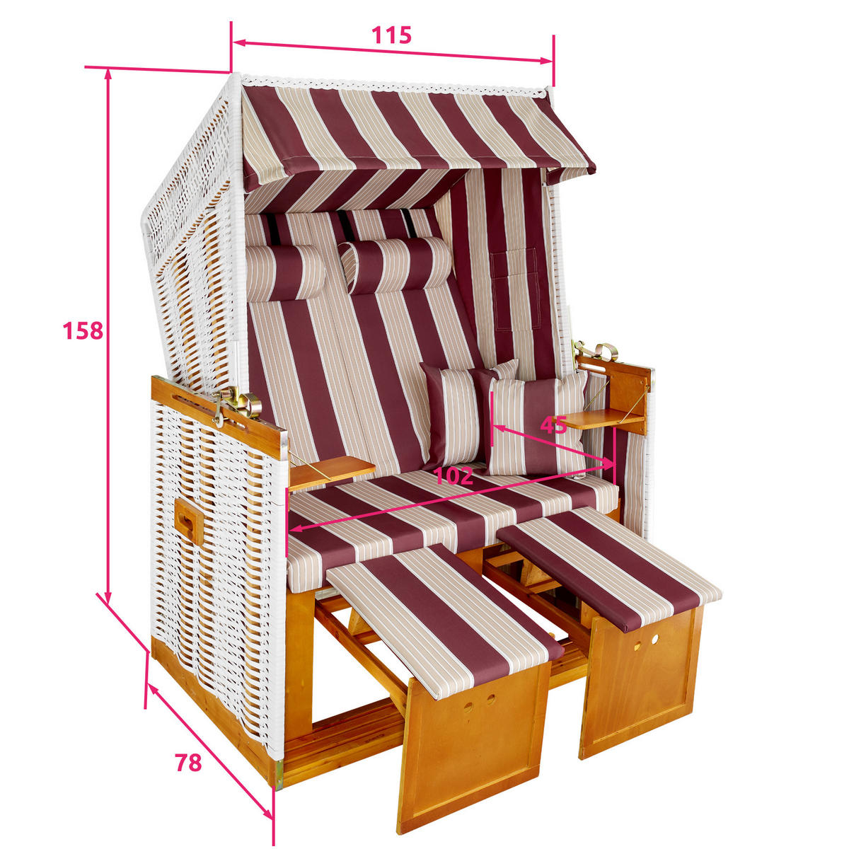 STRANDKORB Sylt,115 x 158 x 78 cm,rot/weiß - Rosa/Weiß, Holz (78/158/115cm) - tectake