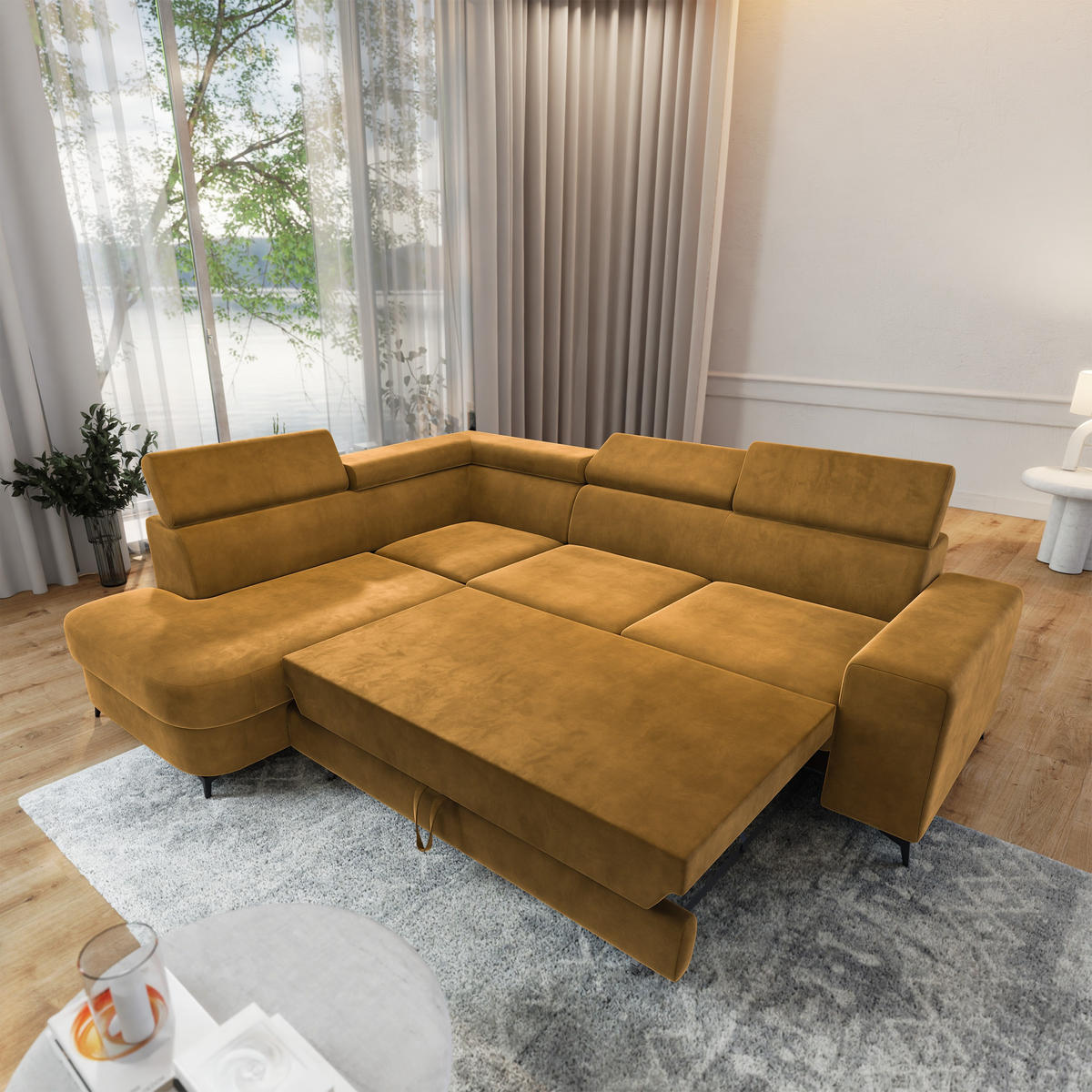 ECKSOFA ALVORO L-S Gelb Velours-Stoff mit Schlaffunktion - Gelb, Holz (253/190cm) - MASSENO