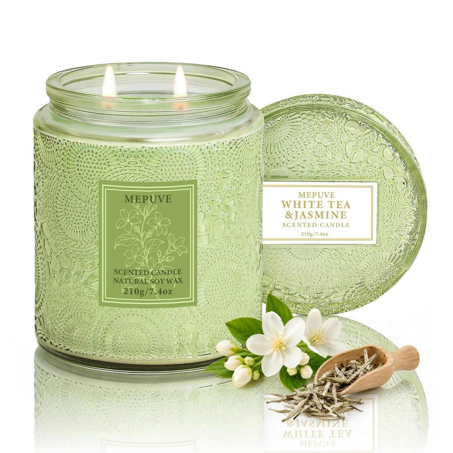DUFTKERZE Weißer Tee & Jasmin 210g mit 2 Baumwolldochten - Grün, Paraffin (9cm)