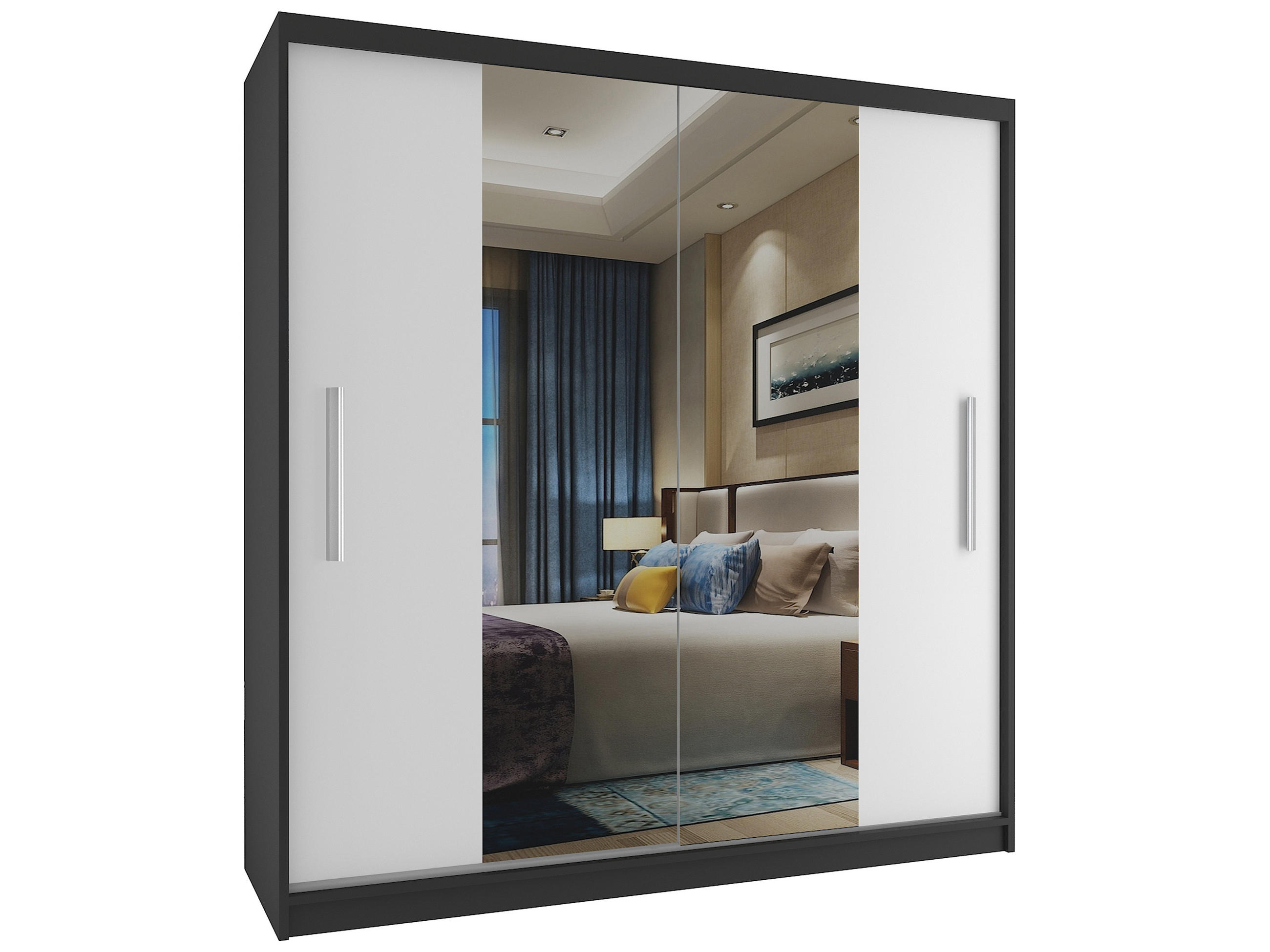 SCHWEBETÜRENSCHRANK Verona ME, Schwarz/Weiß Matt, 158 cm, mit Spiegel - Weiß, Holz (158/216/60cm) - B BELINI GROUP