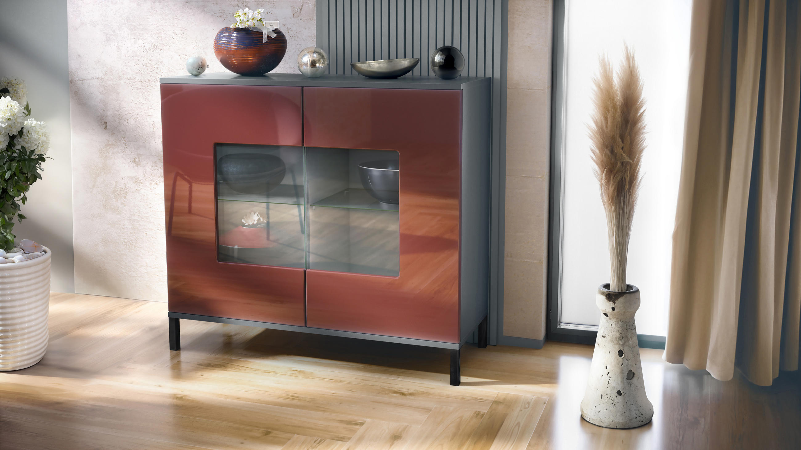 KOMMODE Grömitz Bordeaux Hochglanz - Bordeaux, Holzwerkstoff (92.5/83.5/35cm) - Vladon
