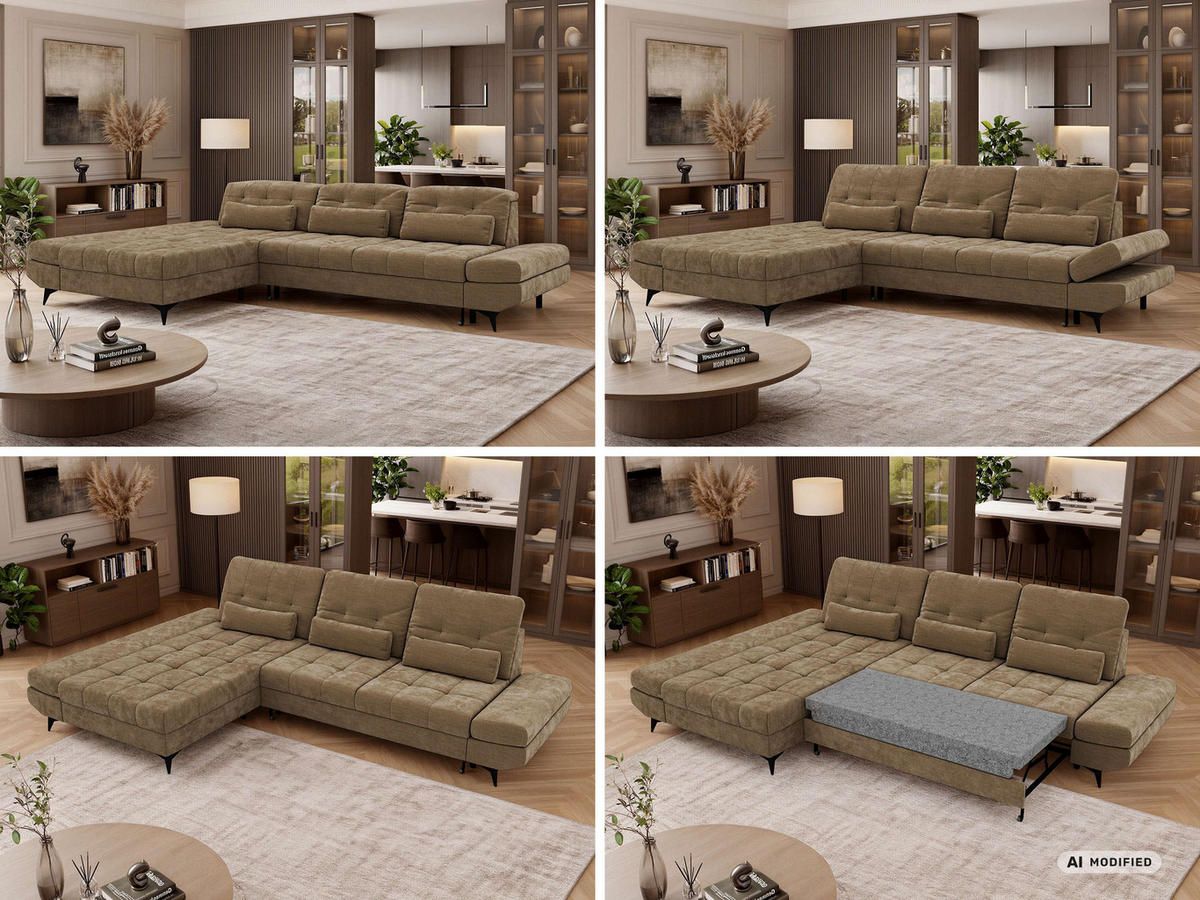 ECKSOFA ALVENO L - Hellbraun Schenille glatt - Links Seite - Hellbraun/Schwarz, Textil/Metall (218/344cm) - MKS