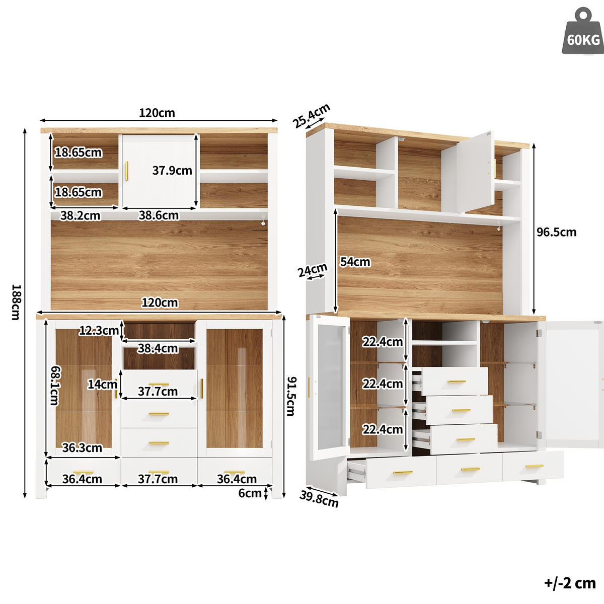 BUFFET 120/40/188 cm aus MDF und Glas mit LED-Lichtleiste Weiß mit Holzdekor - Weiß, Holzwerkstoff (120/188/40cm) - Modenvie