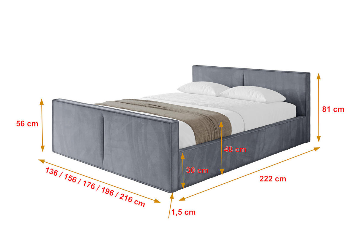 POLSTERBETT mit Bettkasten, Fußteil und Lattenrost, Boxbett mit Matratze H3/H4 - EMMI-Z-V1 180x200 Grau - Grau, Holzwerkstoff/Textil (180/200cm) - ALTDECOR