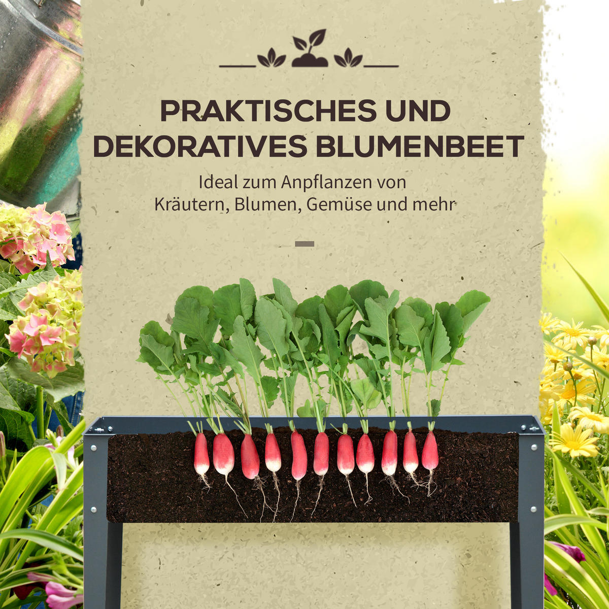 HOCHBEET, Kräuterbeet, Pflanzkasten mit 3 Abflusslöchern, Metall, Dunkelgrau - Dunkelgrau, Metall (30/80/100cm) - Outsunny