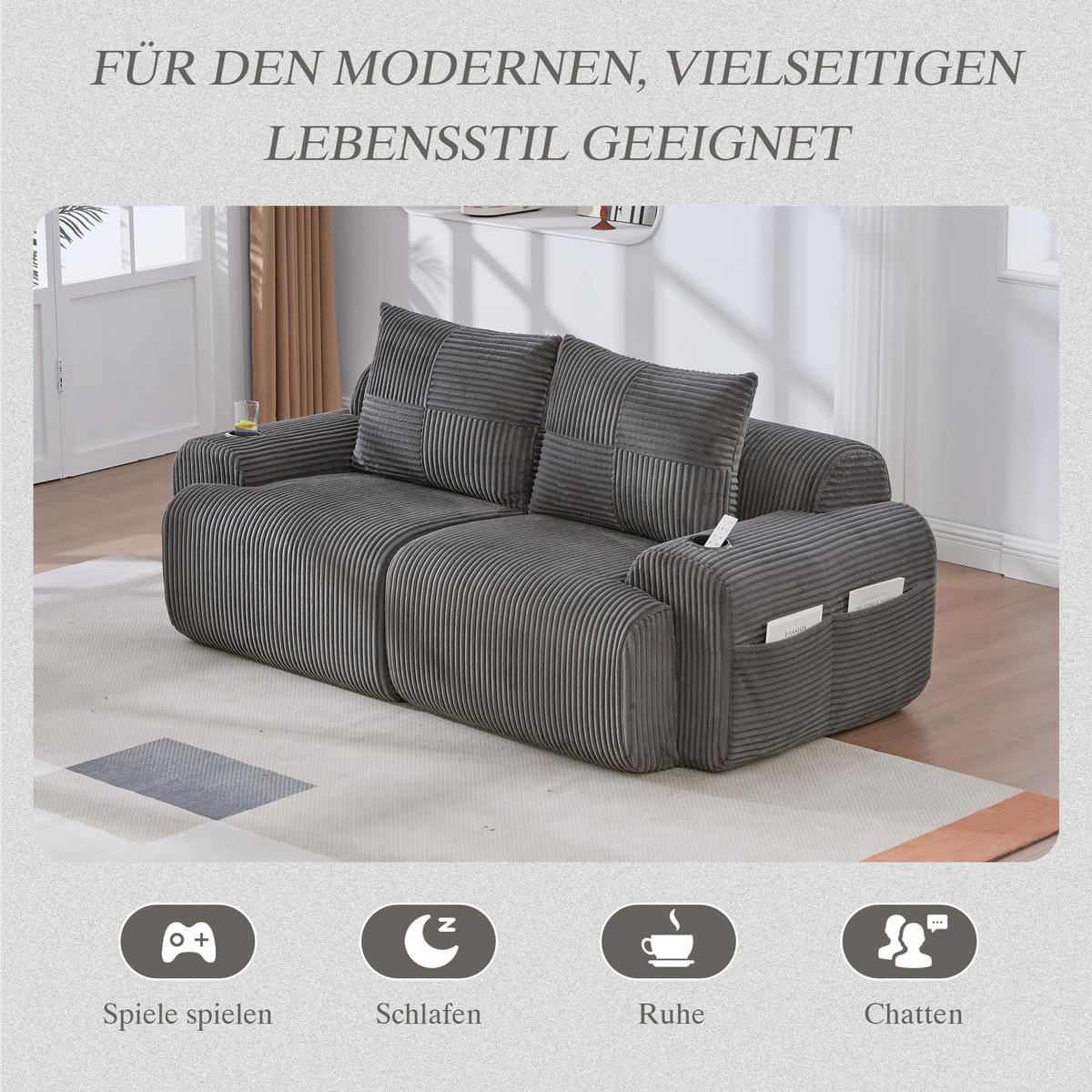 2-SITZER Sofa Cordstoff mit Getränkehalter und Seitentasche 200/99/80 cm Dunkelgrau - Dunkelgrau, Textil (99/80/200cm) - Redom