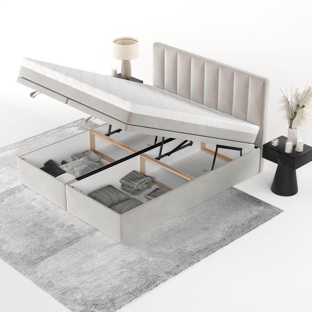 BOXBETT Lume 180/200 cm Hellbeige im Paros Stoff - Beige/Schwarz, Holz/Holzwerkstoff (180/200cm) - AltaBeds