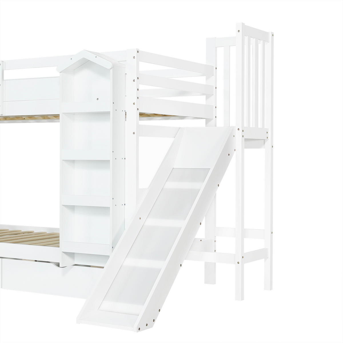 ETAGENBETT 90/200 cm in Weiß Kinderbett mit Rutsche, Treppenregal und 2 Schubladen - Weiß, Holzwerkstoff (90/200cm) - STILVORA