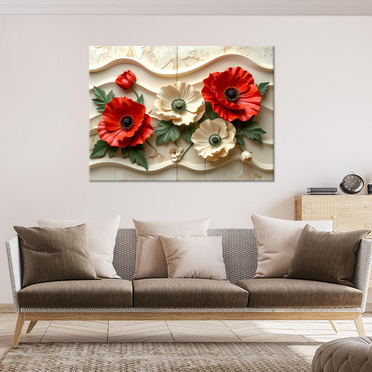 WANDBILD, Rote Blüten auf welligem Hintergrund - Beige, Textil (120/80cm) - Feeby