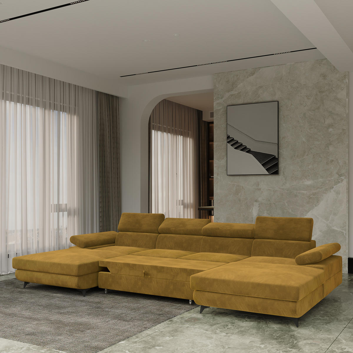 WOHNLANDSCHAFT DETTI Gelb Velours-Stoff mit Schlaffunktion - Gelb, Holz (339/89/190cm) - MASSENO