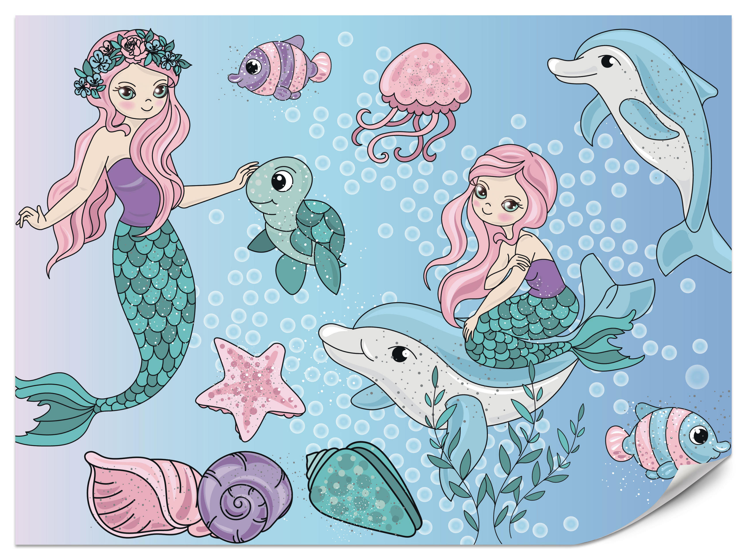 FOTOTAPETE für Kinderzimmer Meerjungfrauen Delfine Fische Muscheln Qualle Schildkröte 300x210 - Multicolor, Papier (300/210cm) - Muralo