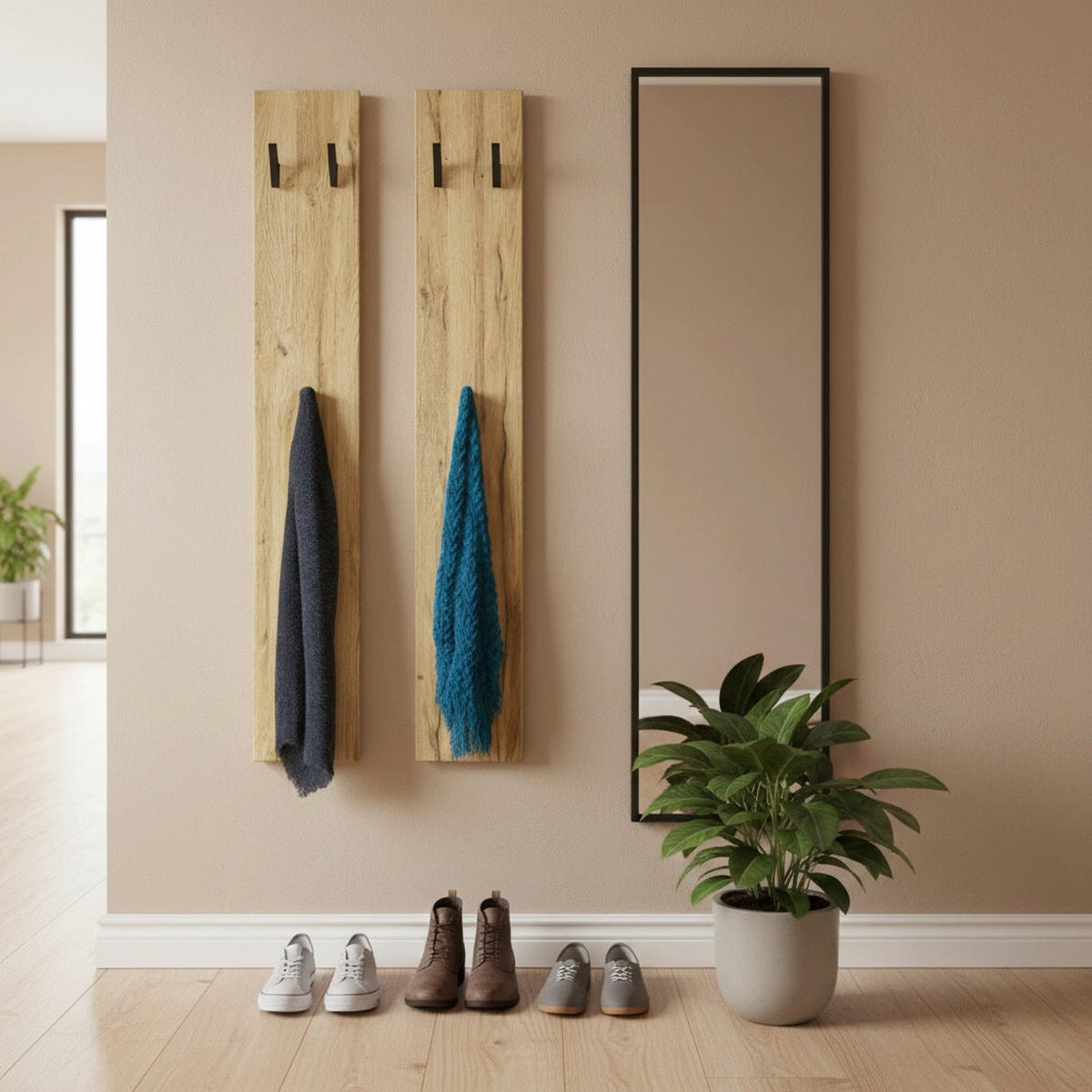 GARDEROBENPANEEL Roma M140, Moderne Wandgarderobe mit 6 Kleiderhaken, Made in Germany, Wandpaneel für Flur, Eiche Natur (24 x 140 x 2 cm) - Eiche Wotan, Holzwerkstoff (24/140/2cm) - InnoFurn