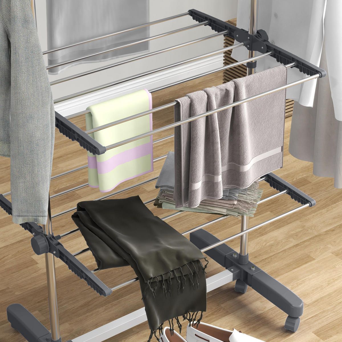 WÄSCHESTÄNDER DE-09793 5 Ebenen, klappbar mit 6 Rollen Grau+Silber - Grau, Metall (142/172/55cm) - ComfortXL