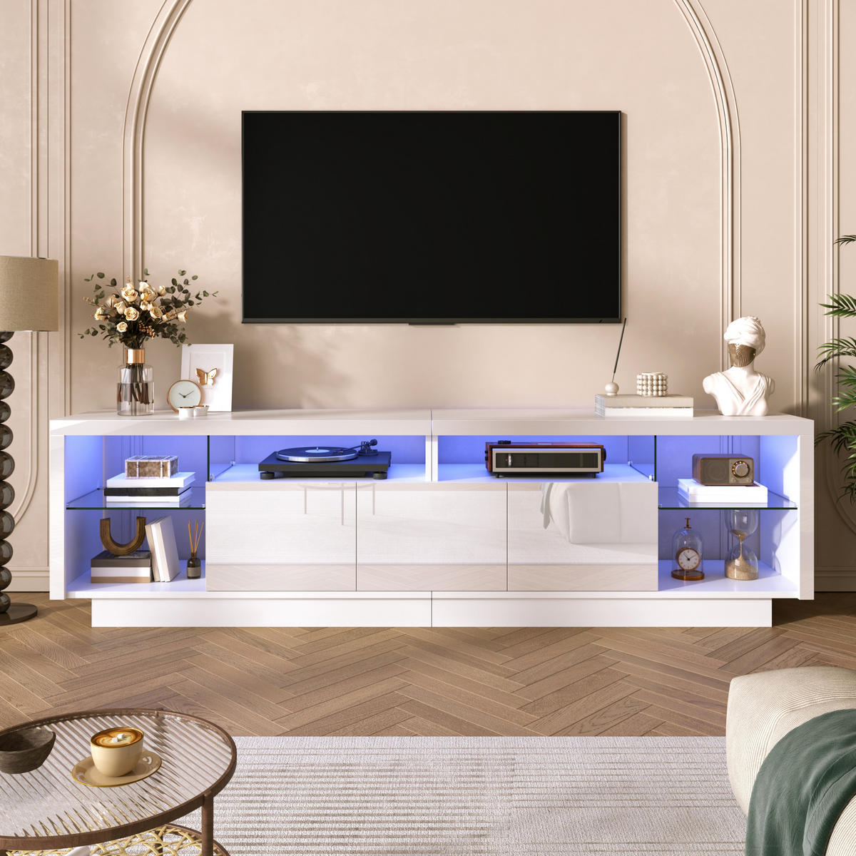 TV-SCHRANK Hochglanz 3 Türen Glasfächer LED App - Weiß, Holzwerkstoff (200/55/38cm) - FLIEKS