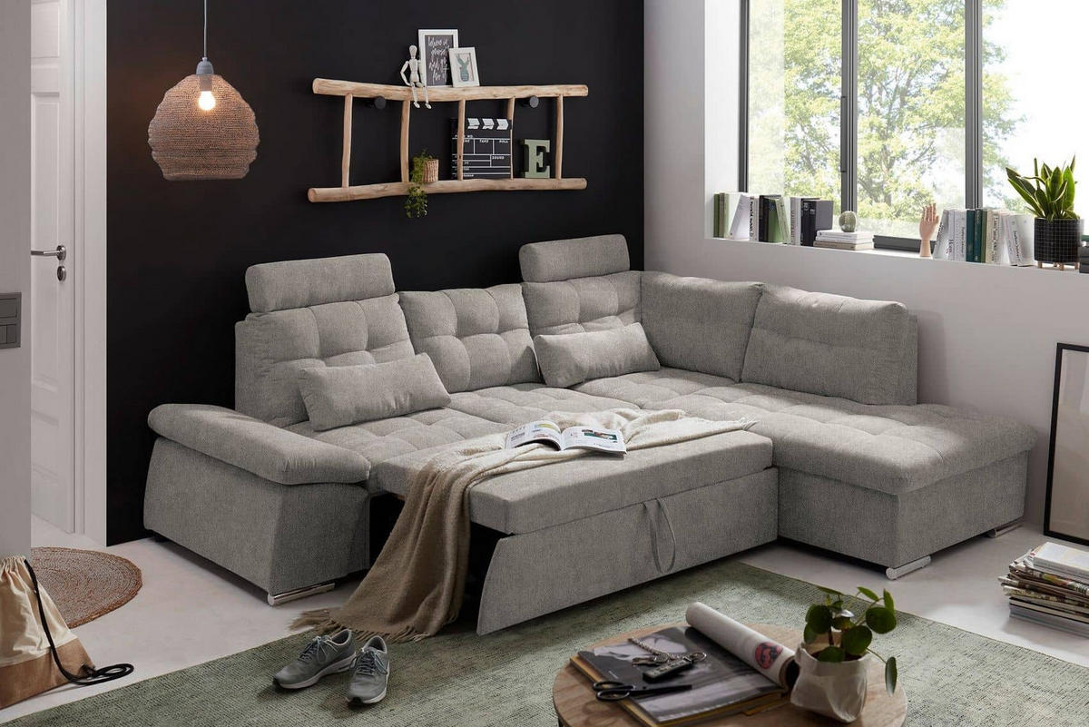 ECKSOFA mit Schlaffunktion, verstellbare Armlehne und Kopfstützen - Taupe/Chromfarben, Textil (219/260cm) - ed exciting design