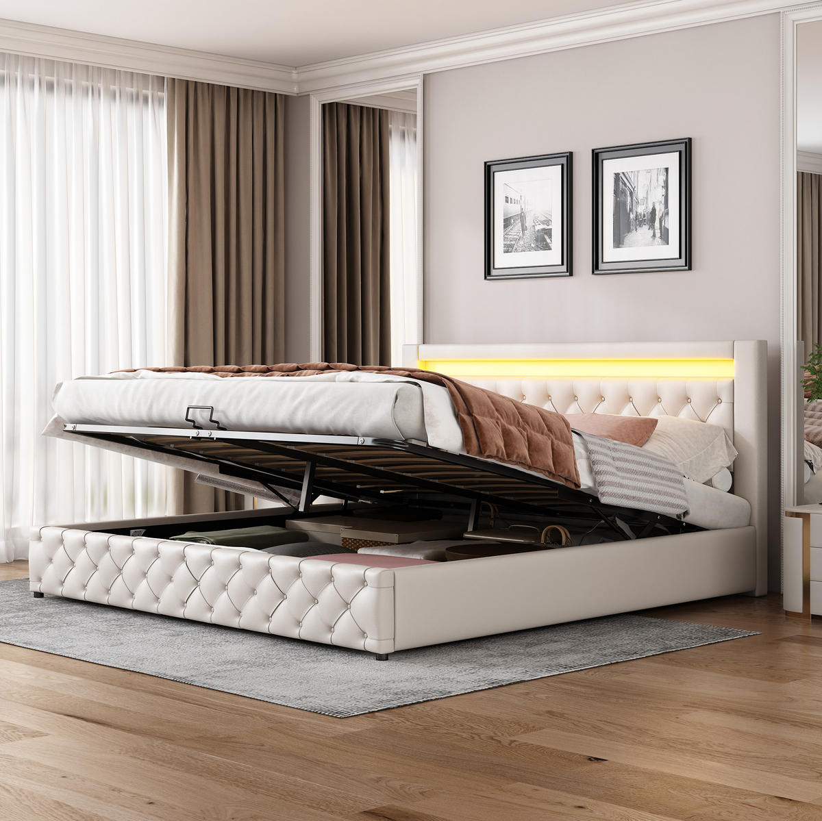 POLSTERBETT mit Bettkasten und LED 180x200 cm PU Weiß - Weiß, Metall (180/200cm) - Meubliv