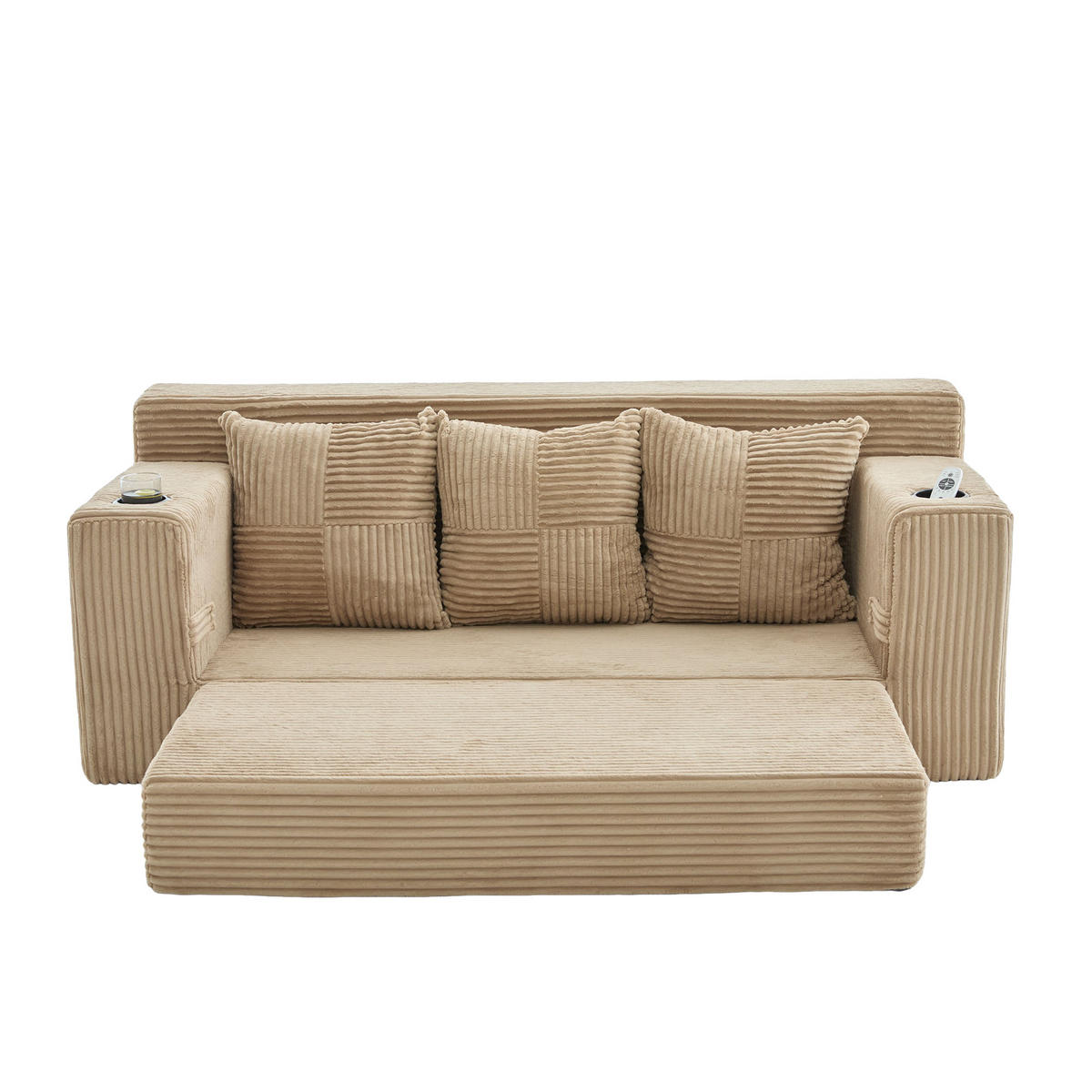 2-SITZER Bodensofa ausklappbar, Getränkehalter/Seitentaschen, Cord, hellbraun - Hellbraun, Textil (172/64/87cm) - LVHOM