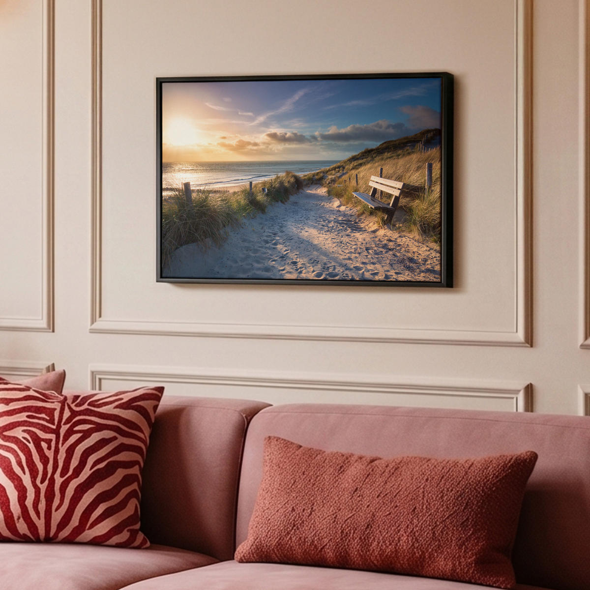 LEINWAND Bilder mit Rahmen - Sonnenuntergang - Strand - Düne - Gras - Ufer - 60x40 - Sandfarben, Textil (60/40cm) - MuchoWow