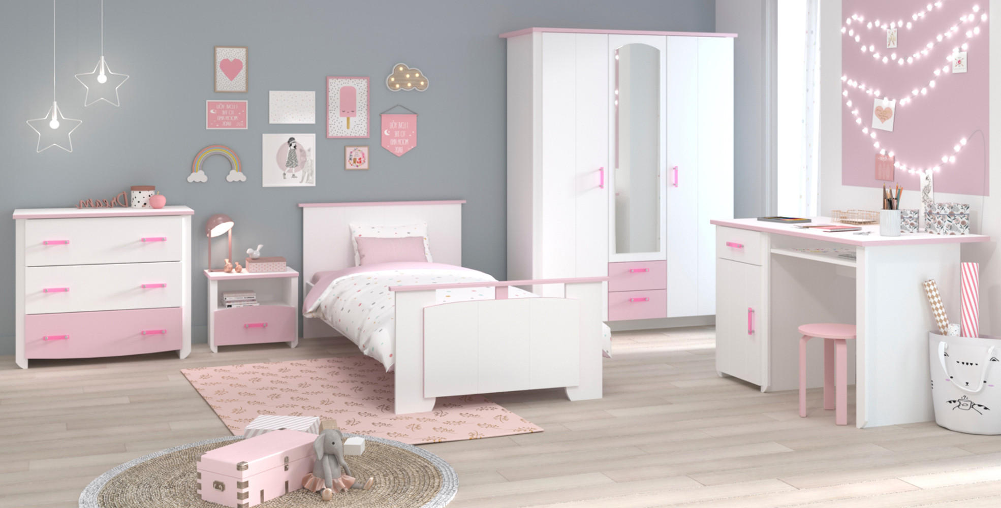 KINDERZIMMER Komplett-Set 5-tlg Kleiderschrank Schreibtisch Bett 90 x 200 cm - Weiß/Rosa, Holz/Holzwerkstoff (90/181/200cm) - Parisot Meuble