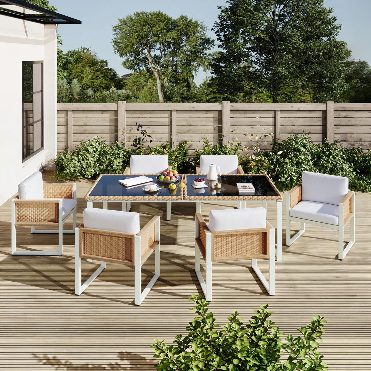 GARTENMÖBELSET Polyrattan 6 Personen Esstisch Stühle waschbar - Multicolor, Textil - FLIEKS