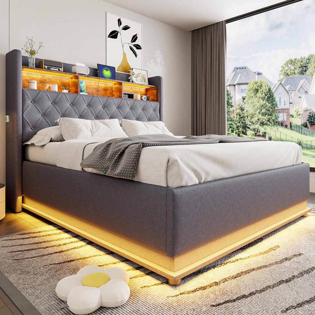 ČALÚNENÁ posteľ z látky 160x200 cm sivá s LED osvetlením, USB portom a hydraulickým úložným priestorom - sivá, textil (160/200cm) - Modfu