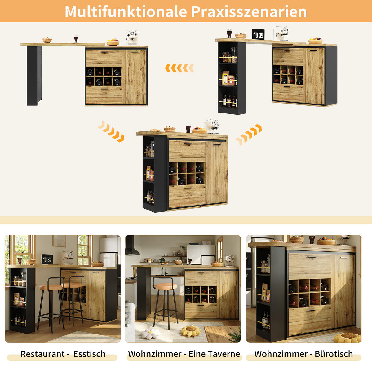 BARTISCH Holzoptik 138-220/39/105 cm - Naturfarben, Holz (39/138/105cm) - PANGIVO