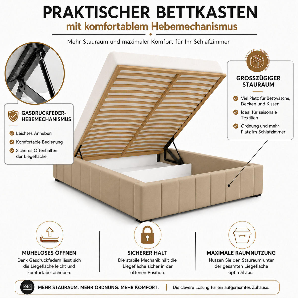 MARPUR Polsterbett NERO 180x200 cm mit Bettkasten und Lattenrost, Hellbraun - Chromfarben/Hellbraun, Holz/Holzwerkstoff (180/200cm) - Marpur